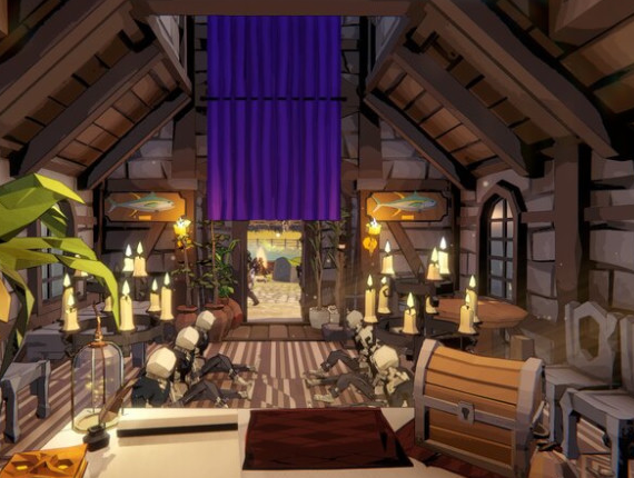 Purple-banner shop interior showing heavy decoration use