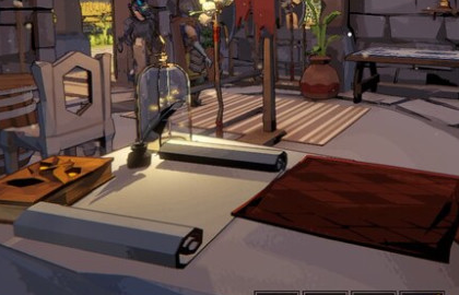 Close-up of the merchant desk and shop counter, useful for price-testing context
