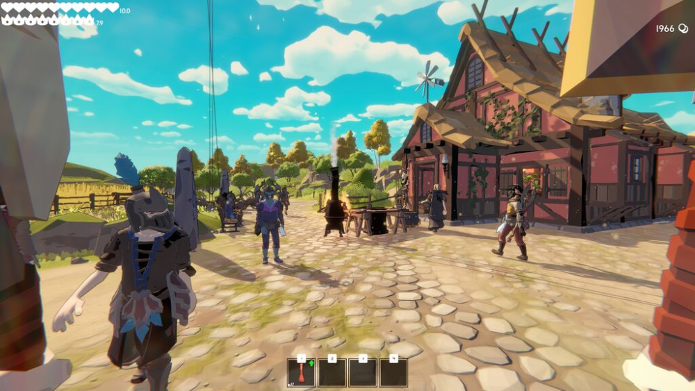 Early-game village and shop area in Fell & Sell